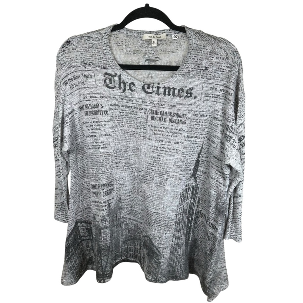 Jess‎ & Jane Newspaper Print Tunic Top Medium Gray NYC Travel Witchy Grunge